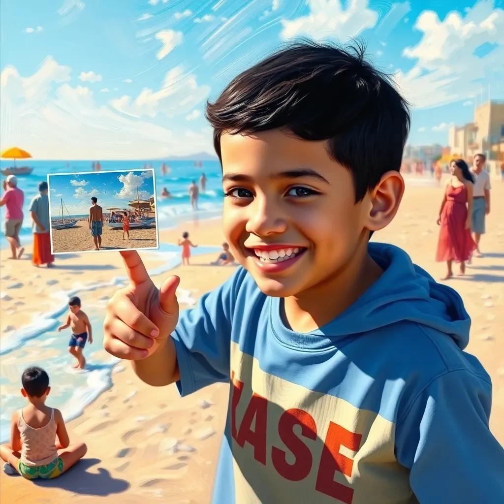 Yusuf, a young Arab boy with short black hair, gleefully pointing at a photo of the beach, colorful family moments scattered around him, sunny and bright environment, digital artwork, vibrant