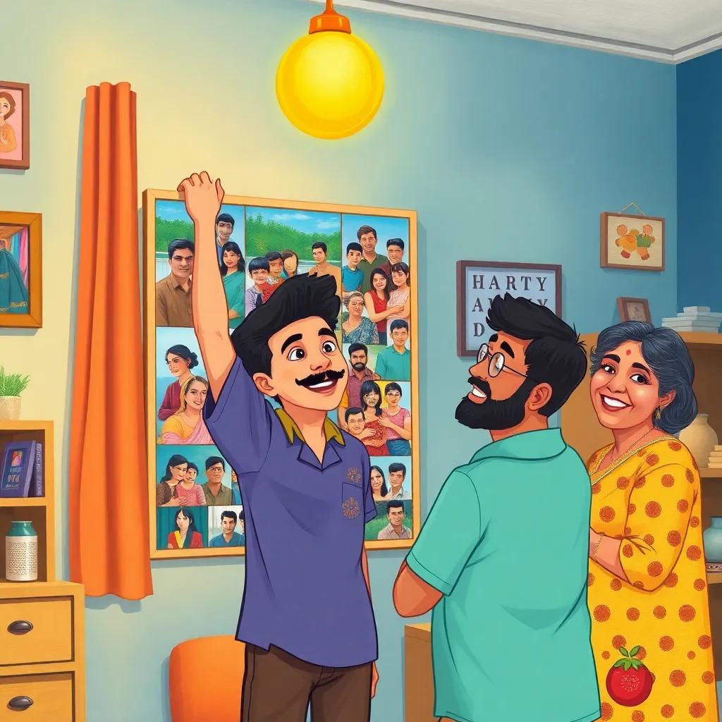 Yusuf happily hanging a large family collage on the wall in his colorful room, with his parents smiling beside him, celebrating family, warm light, joyful ambiance, illustration, animated style