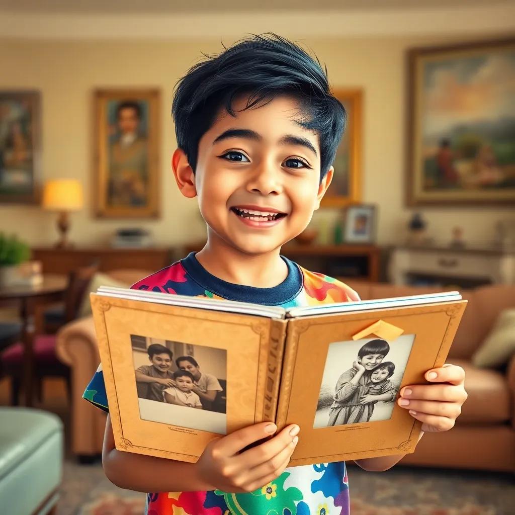A young boy, Yusuf, with black hair wearing a colorful t-shirt, excitedly holding an old photo album in a cozy living room, bright and cheerful atmosphere, digital art, inviting, warm colors, high quality