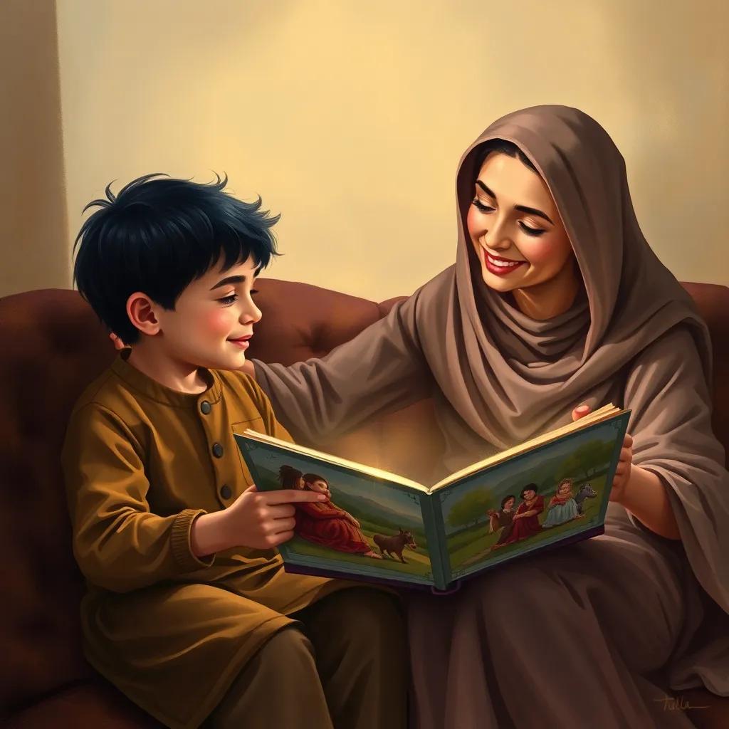Yusuf, a young boy with black hair, sitting next to his mother, who is wearing a simple dress, sharing pictures from the album, both smiling and engaged, illustration, warm light, family bonding, friendly