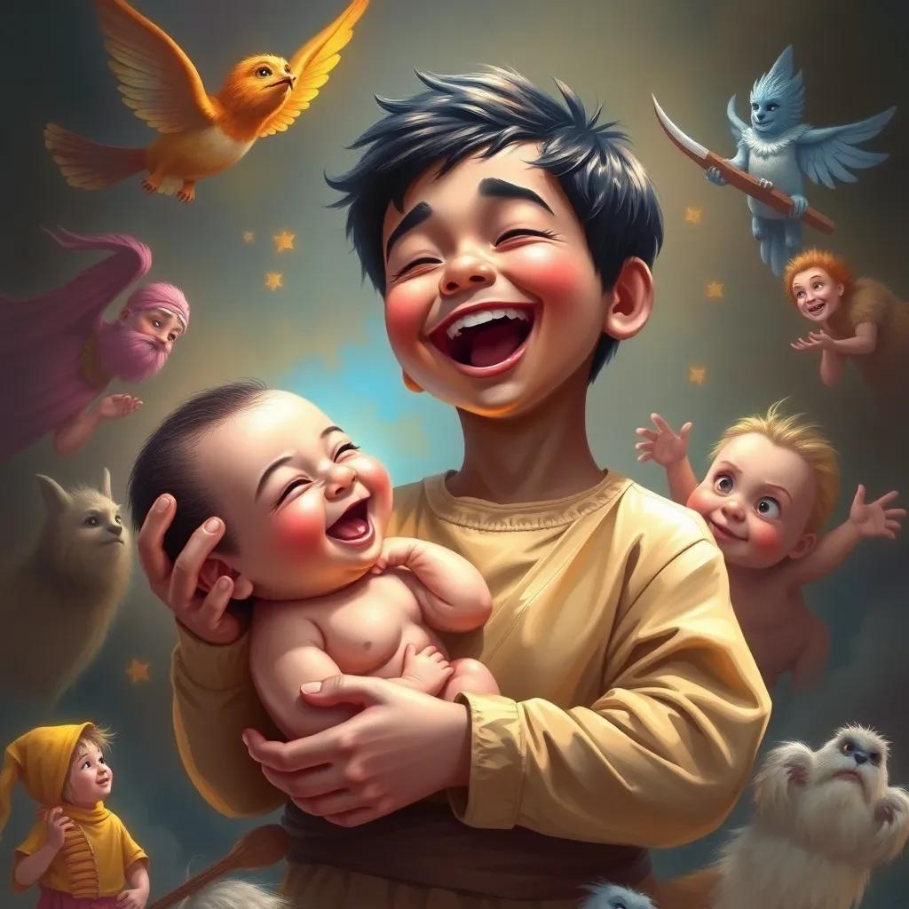 Yusuf laughing at a picture of himself as a baby, colorful images surrounding him, joyful expression, soft lighting, child-friendly, digital painting, fun and colorful scene
