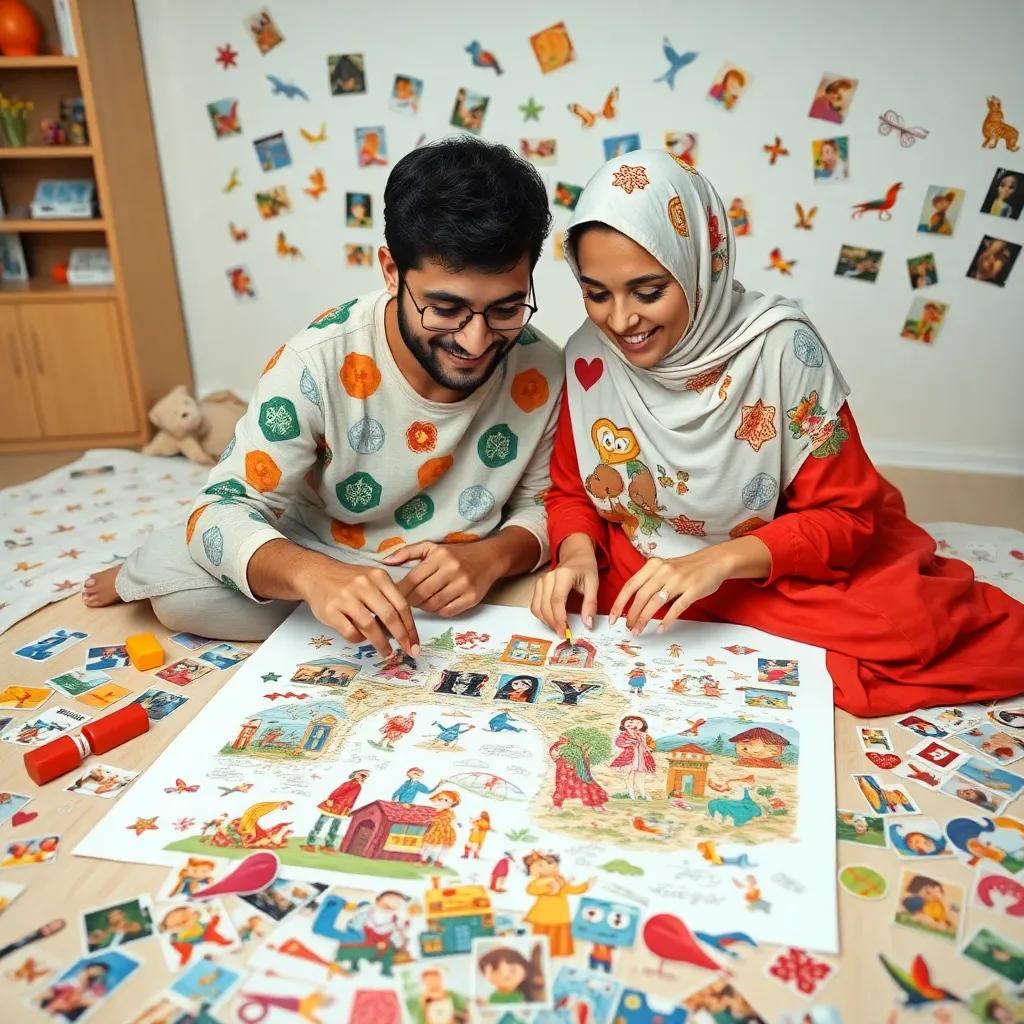 Yusuf and his mother working together on a big paper to make a family collage, glue and colorful pictures scattered around, creative atmosphere, illustration, vibrant, cheerful setting