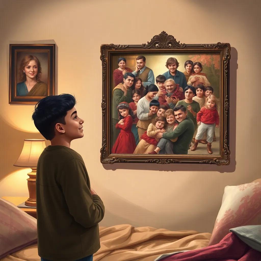 Yusuf proudly looking at the family collage they made, hanging it on the wall of his room, smiling brightly, any items in the room reflecting warmth and comfort, digital art, heartwarming scene, inviting