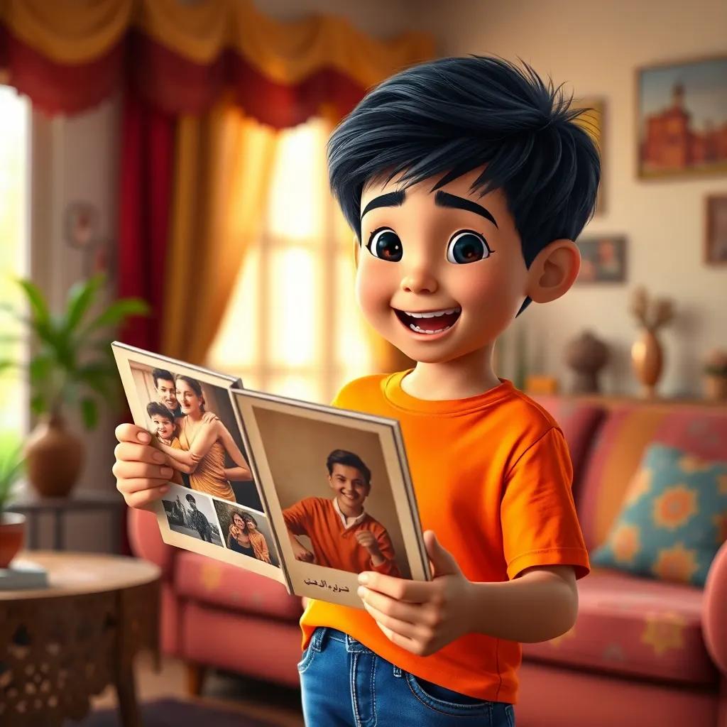 A young Arab boy, يوسف, with short black hair, wearing a bright t-shirt and jeans, excitedly holding an old photo album in a cozy living room, warm light, colorful decor, joyful atmosphere, digital art, high quality