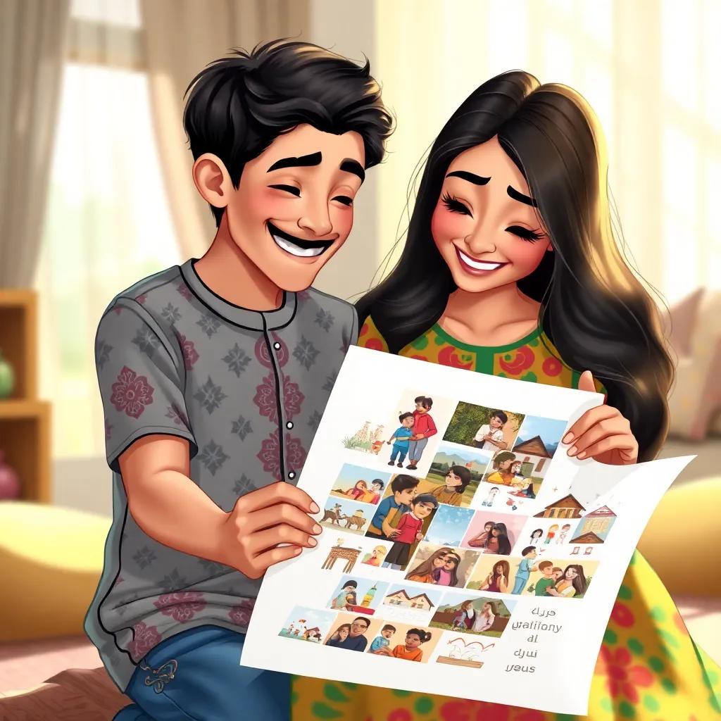 A young Arab boy, يوسف, and his mother, a woman with long, dark hair, wearing a colorful dress, happily creating a family collage with pictures on a large sheet of paper, sunlight streaming through the window, cheerful, engaging, family bond, digital art, high quality