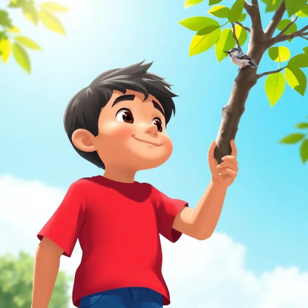A young Arab boy, يوسف, with short black hair, wearing a bright red t-shirt and blue jeans, looking up at a small bird stuck in a tree, bright sunny day, cheerful atmosphere, digital art, colorful, high quality