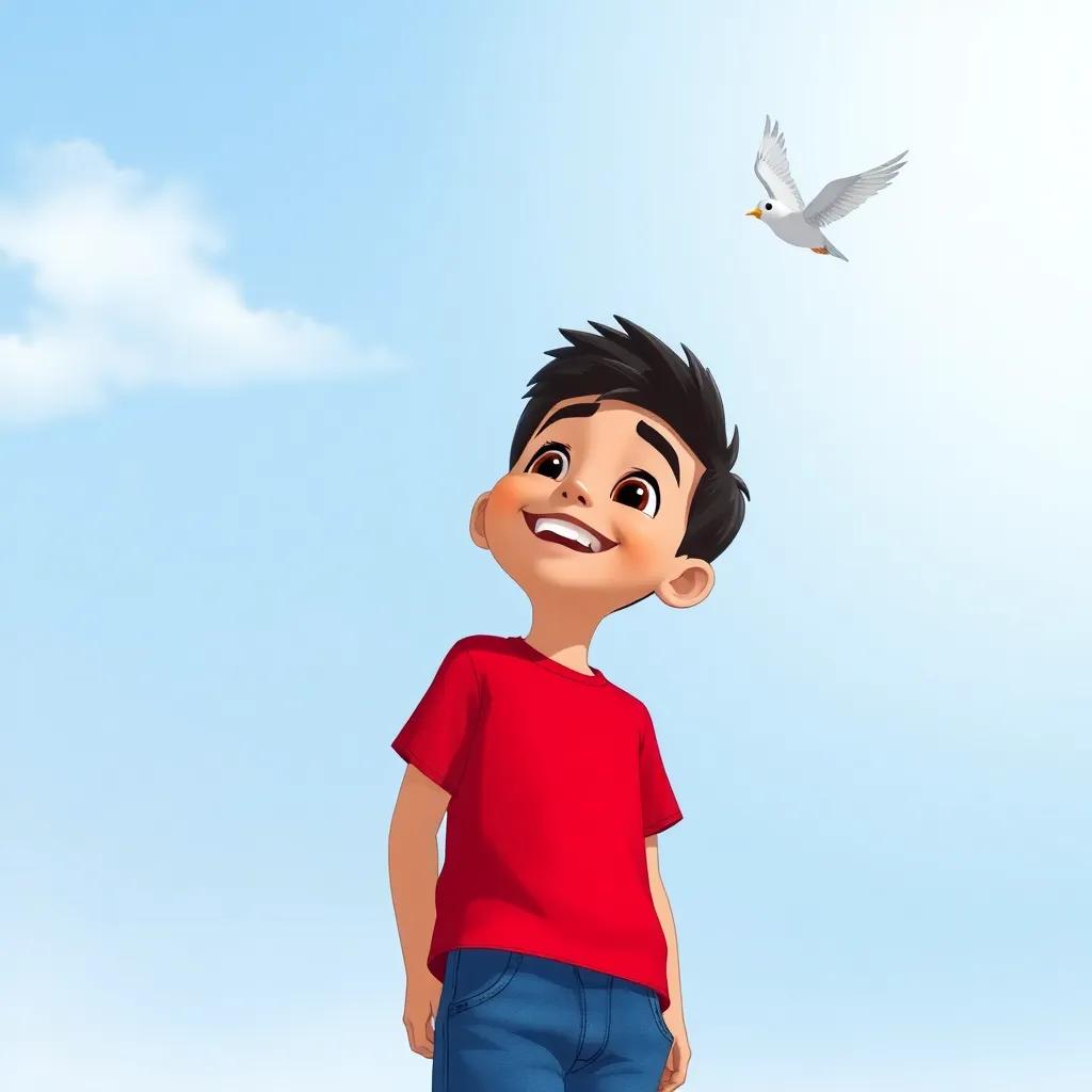 يوسف, a young Arab boy, with short black hair, wearing a bright red t-shirt and blue jeans, smiling joyfully as he watches the little bird flying in the sky, sunny and blue backdrop, heartwarming scene, illustration, child-friendly, high quality