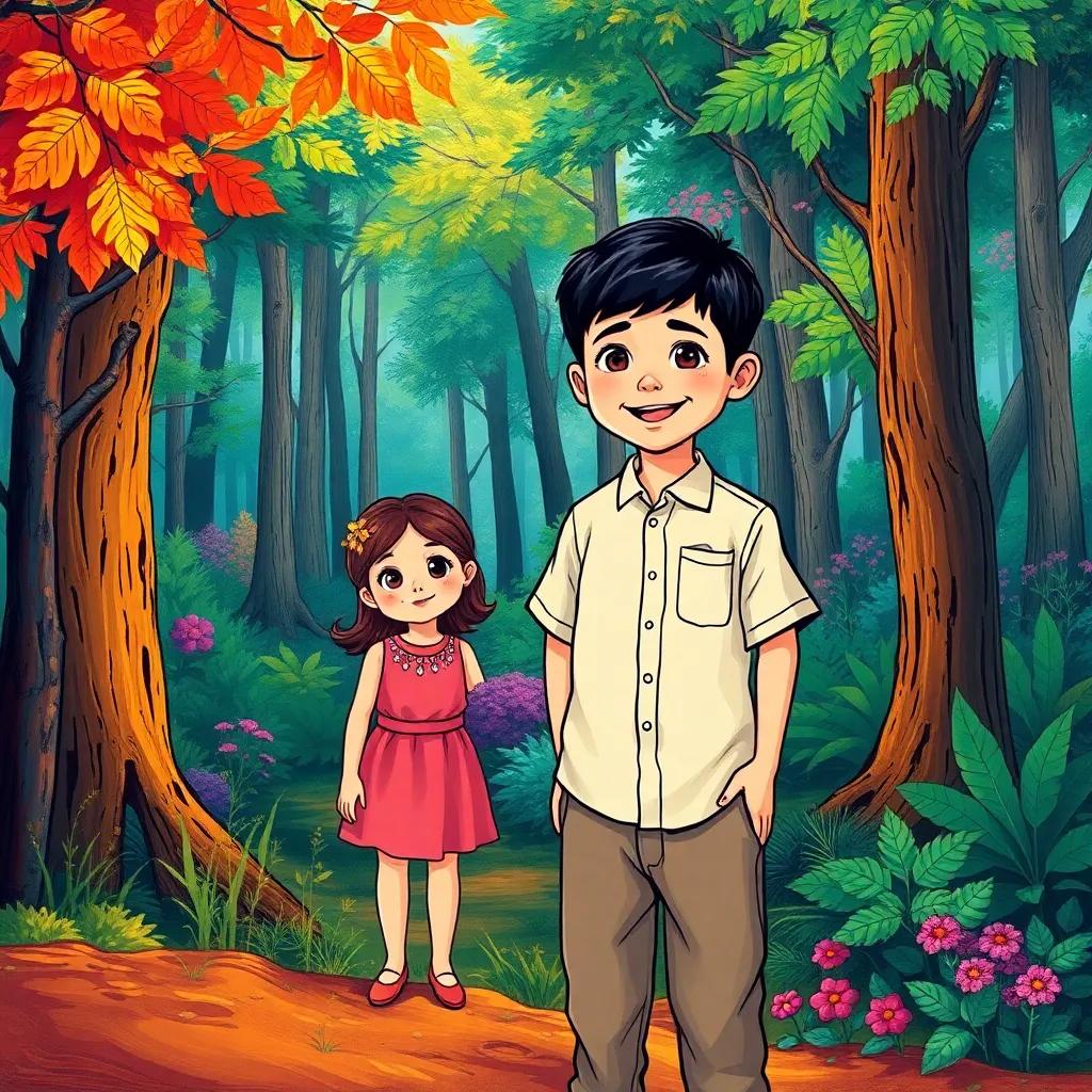 A young Arab boy, Youssef, with short black hair, wearing a simple shirt and pants, standing excitedly at the edge of a forest with his sister, vibrant and colorful nature surrounding them, illustrated, cheerful atmosphere, high quality