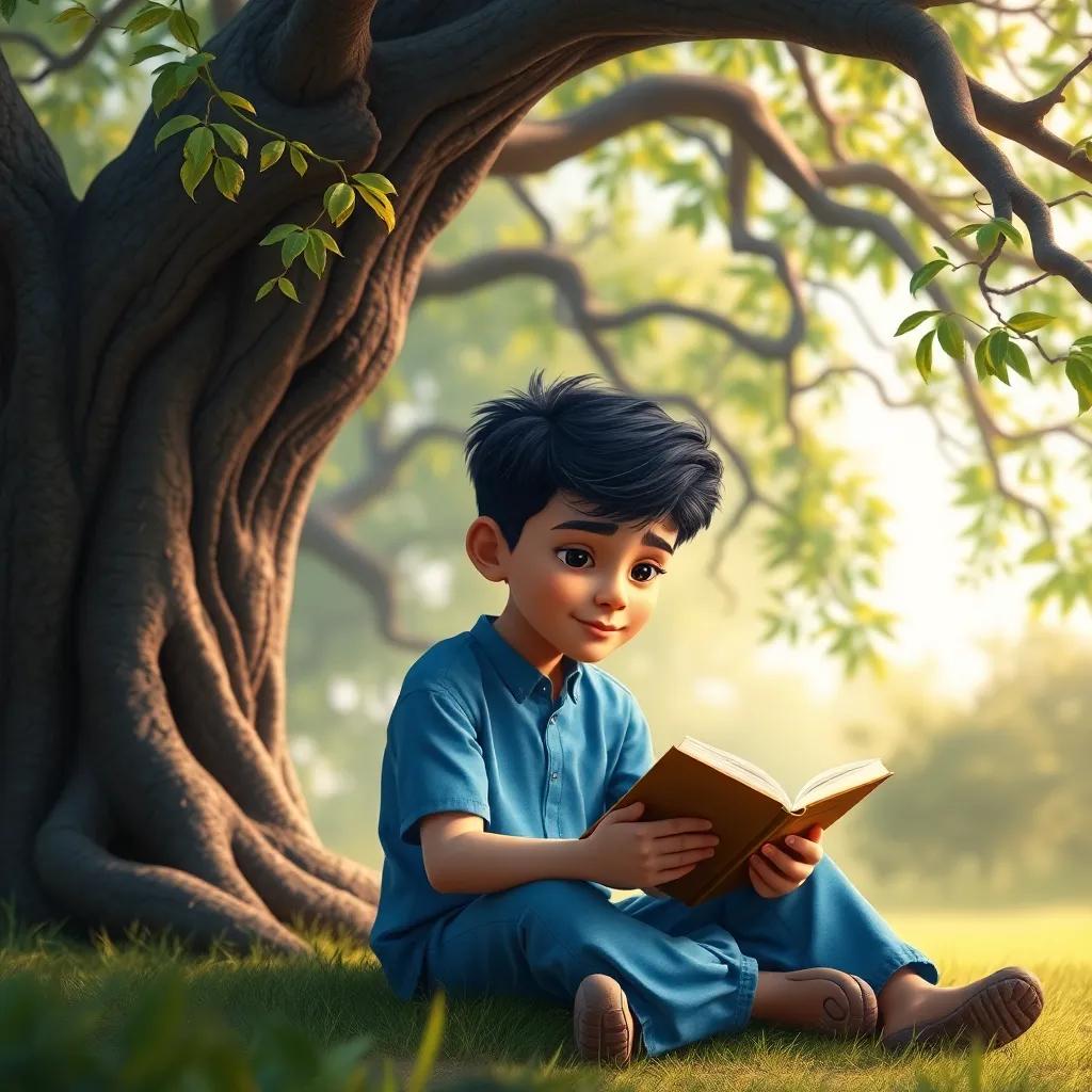 A young Arab boy, يوسف, with short black hair, wearing a blue shirt and jeans, sitting under an ancient tree with green leaves, reading a book, peaceful atmosphere, warm light, soft focus, digital art, child-friendly