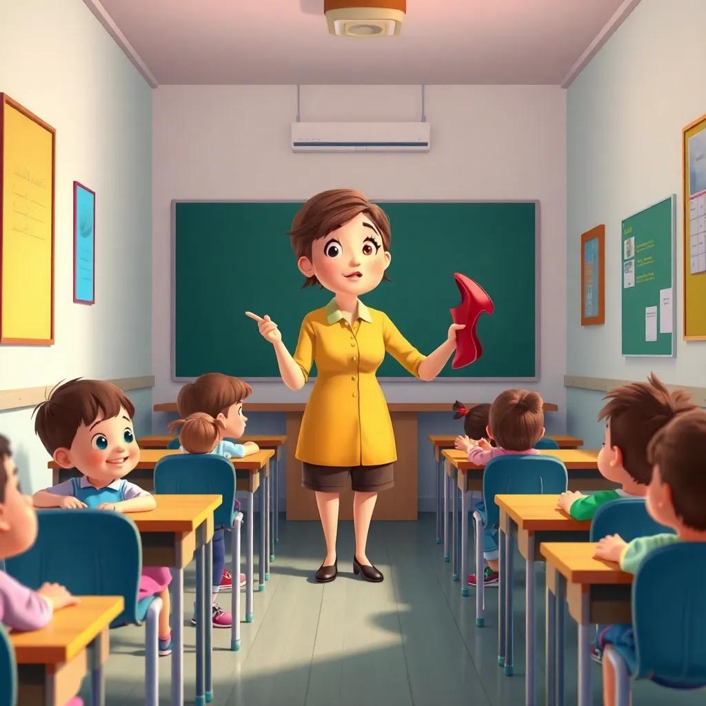 A small classroom with children sitting at their desks, a teacher standing in front holding a red shoe, expressing concern, warm and inviting atmosphere, child-friendly, colorful, digital art, detailed, bright colors
