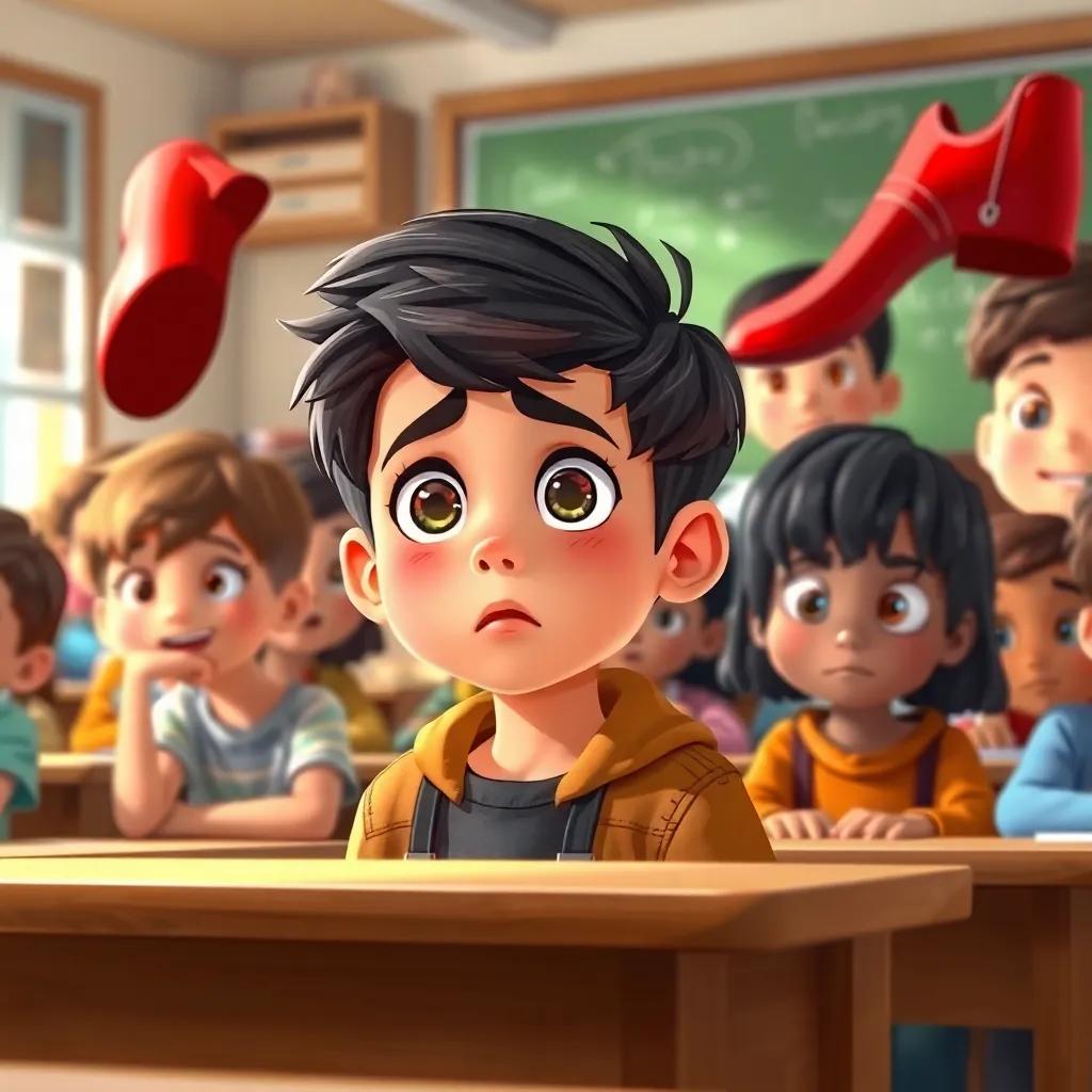 A young boy, Yusuf, in the classroom looking worried, glancing towards the red shoe, surrounded by other curious children, engaging and cheerful, illustration, vibrant and appealing