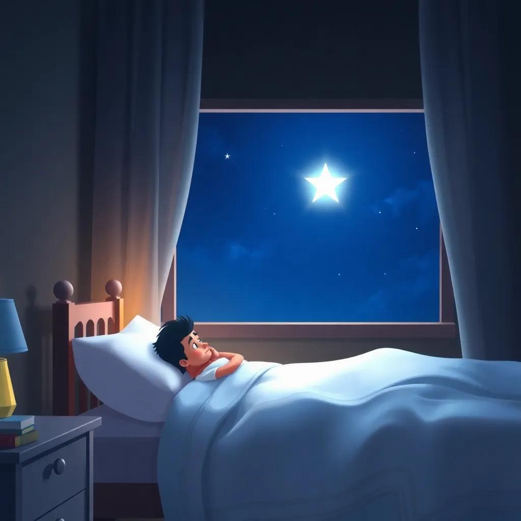 A peaceful night scene showing Yusuf in bed, looking out of the window at the shining star, a soft glow in the room, expressing deep thoughts, calming and gentle, digital painting, bright star light