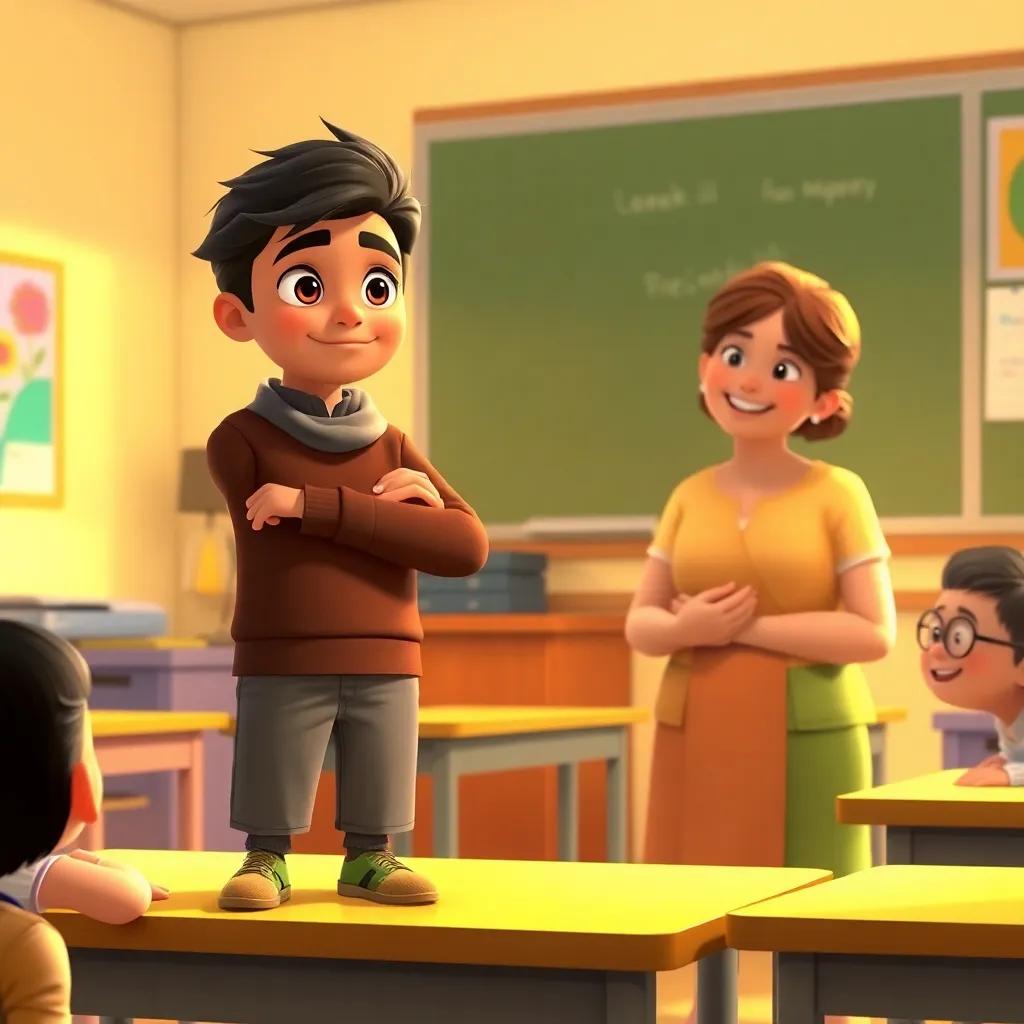The next day in the classroom, Yusuf standing up boldly with a determined face, confessing about the red shoe, the teacher smiling encouragingly, warm classroom light, supportive ambiance