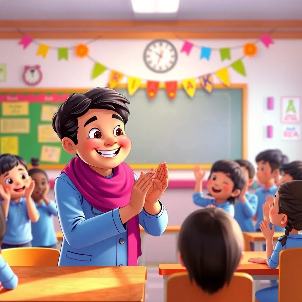 The teacher smiling and clapping for Yusuf, with colorful decorations in the classroom, other students clapping happily, joyful atmosphere, bright colors, uplifting scene