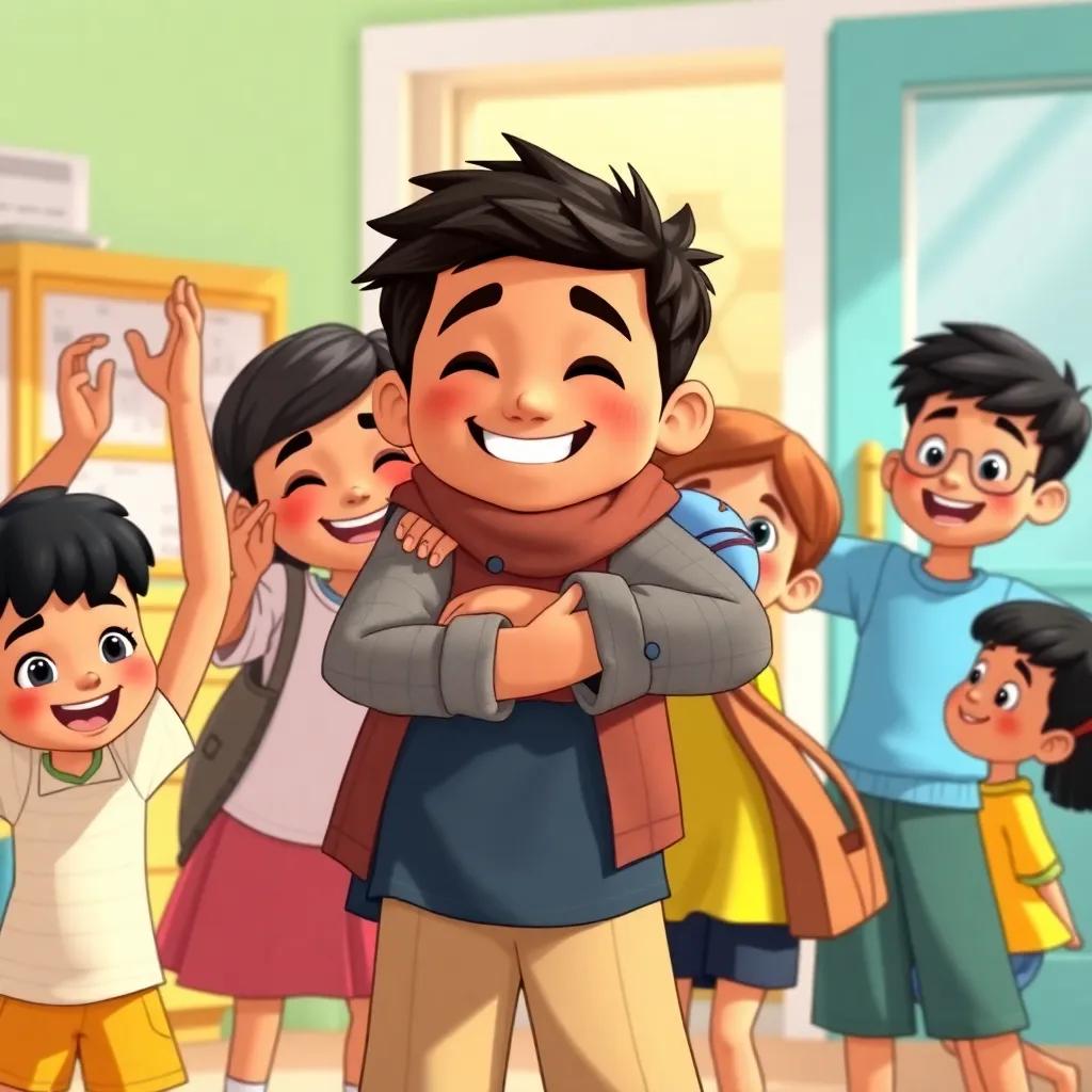 The kids cheering and hugging Yusuf, a strong bond of friendship, everyone's face smiling, a bright sunny day outside the classroom, playful and friendly, warm colors, engaging