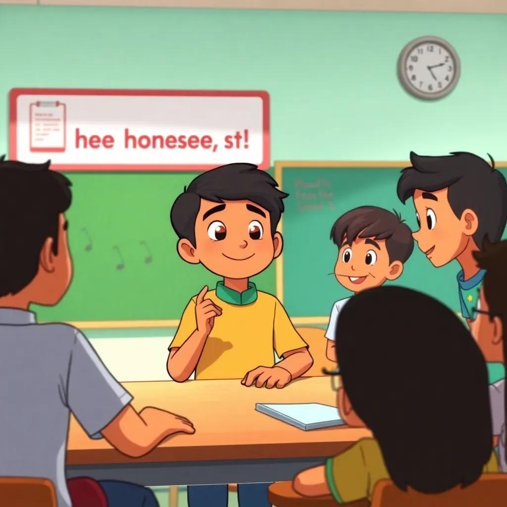 Yusuf speaking to his classmates, encouraging them to be honest, a lively classroom scene, students listening eagerly, inspiring and positive, cheerful colors, dynamic