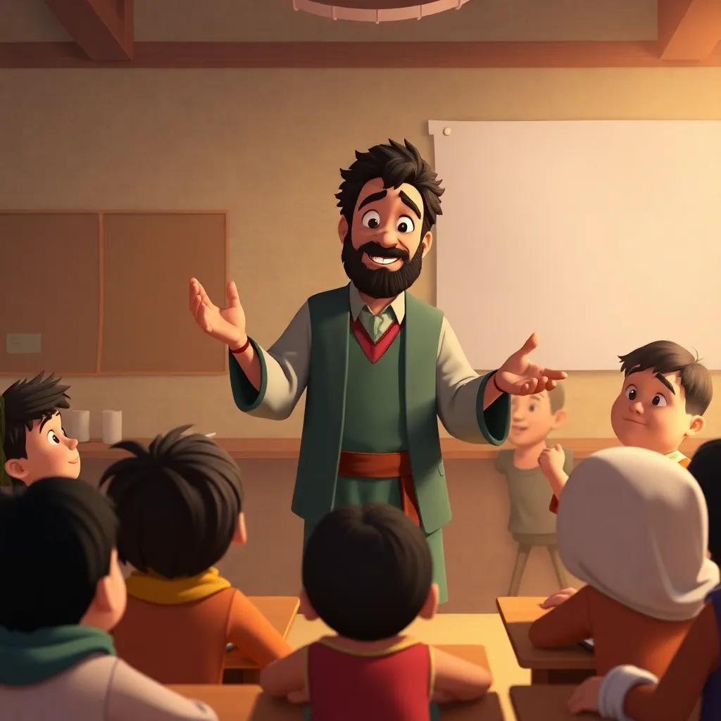 The teacher telling the story of Yusuf's honesty to other classes, all students engaged and curious, representing the power of truth, storytelling atmosphere, warm tones, inviting