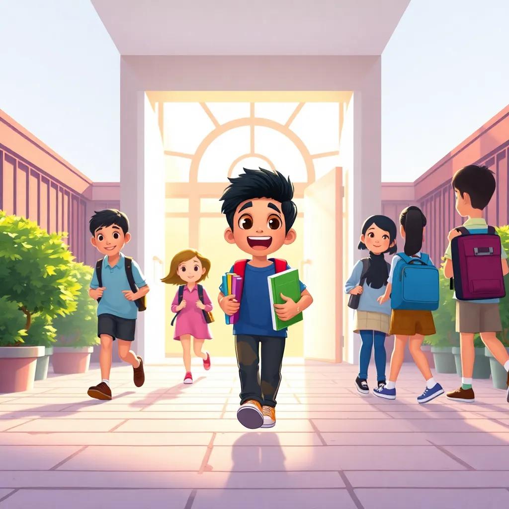 The daily school routine, with Yusuf happily walking into the school with friends, books in hand, bursting with joy, bright morning light, colorful, optimistic