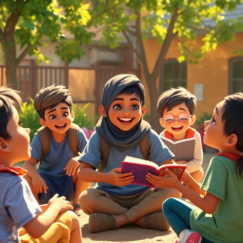 Yusuf playing with friends in the schoolyard, sharing laughs and stories, a sense of community, warm sunlight, vibrant and lively, heartwarming