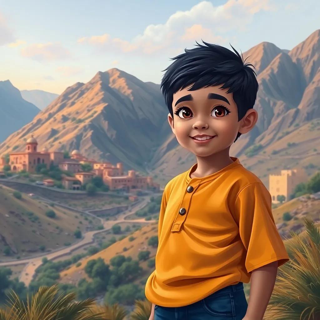 A young Arab boy, يوسف, with short black hair, wearing a simple bright shirt and jeans, standing at the foot of a mountain with a village in the background, cheerful and curious expression, digital art, warm colors, inviting atmosphere, high quality