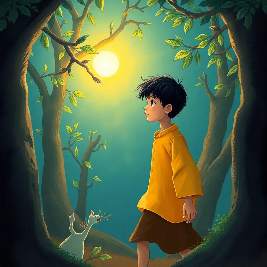 يوسف, a young Arab boy, with short black hair and bright shirt, walking through trees, discovering a strange glowing light among the branches, illustration, vibrant, sense of adventure, child-friendly