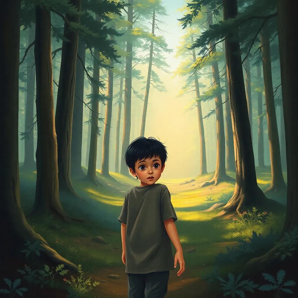 يوسف, a young Arab boy, with short black hair, cautiously approaching an unusual clearing in the forest, surrounded by tall trees, curiosity and wonder in his eyes, artwork, colorful, immersive