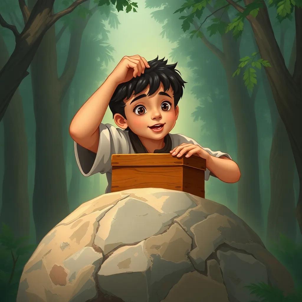 يوسف, a young Arab boy, with short black hair, lifting the lid of a small wooden box placed on a large stone surrounded by trees, excitement and anticipation, illustration, magical atmosphere, high quality