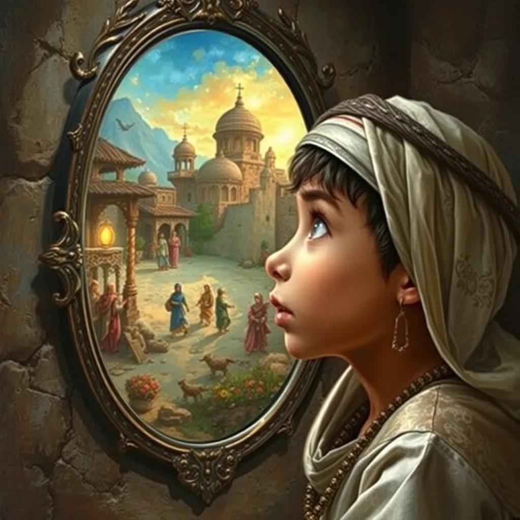 يوسف, a young Arab boy, looking astonished into an ancient mirror, reflecting vibrant scenes of his future helping villagers, detailed mystical artwork, vibrant and inspiring, high quality