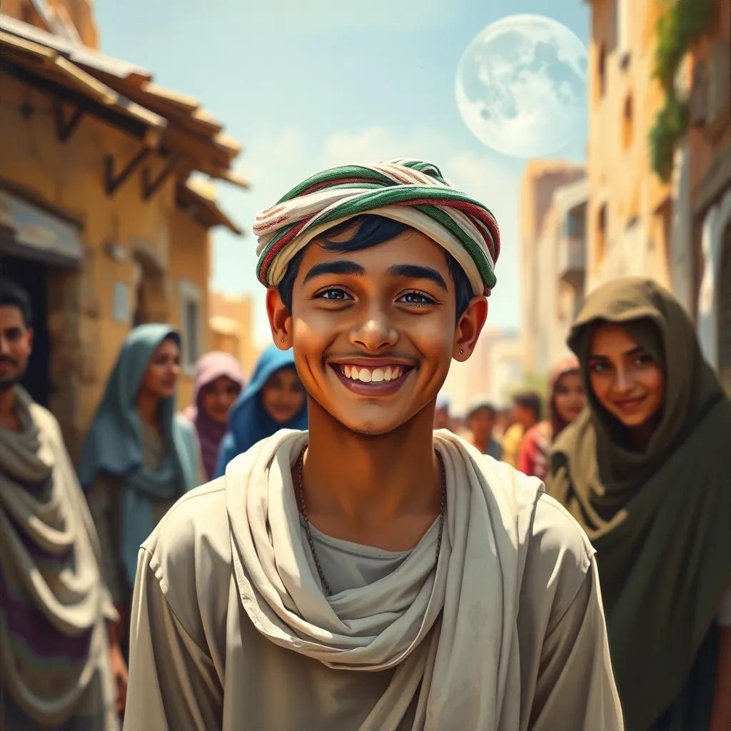 يوسف, a young Arab boy, smiling confidently, back in the village, guiding friends and villagers with wisdom, community scene full of joy and respect, warm light, colorful, heartwarming