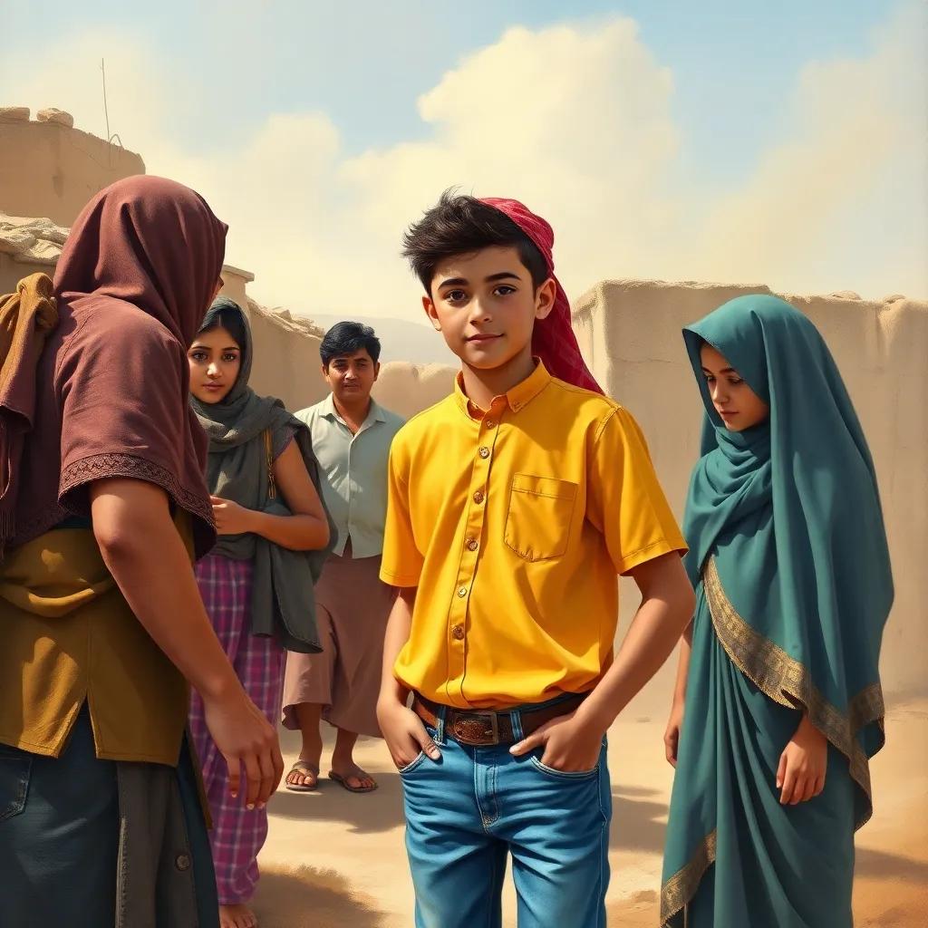 يوسف, a young Arab boy, with bright shirt and jeans, helping villagers with a project, being admired by others, showing leadership and care, illustration, uplifting, community spirit, high quality