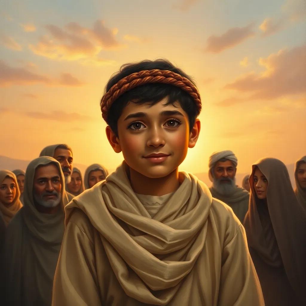 يوسف, a young Arab boy, surrounded by villagers appreciating him, with a embracing sunset in the background, radiating warmth and respect, subtle colors, calming and soothing, heartwarming