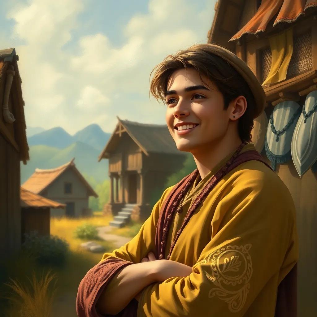 يوسف, a replica of the first image, now as a respected young man in the village, reflecting on his journey with joy and wisdom, digital art, rich warm colors, serene atmosphere