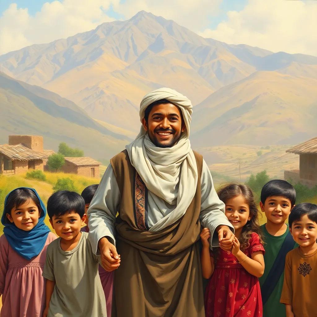يوسف, an older Arab boy, smiling and surrounded by friends, holding hands with children in the village, with a view of the mountain in the background, cheerful and vibrant, high quality