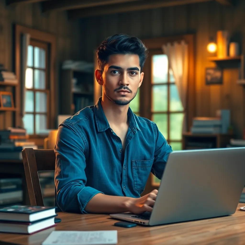 A young Arab man, يوسف, with short black hair wearing a casual blue shirt, sitting at a wooden table in a cozy village house surrounded by books and a laptop, looking determined, digital art, warm light, inviting atmosphere, high quality