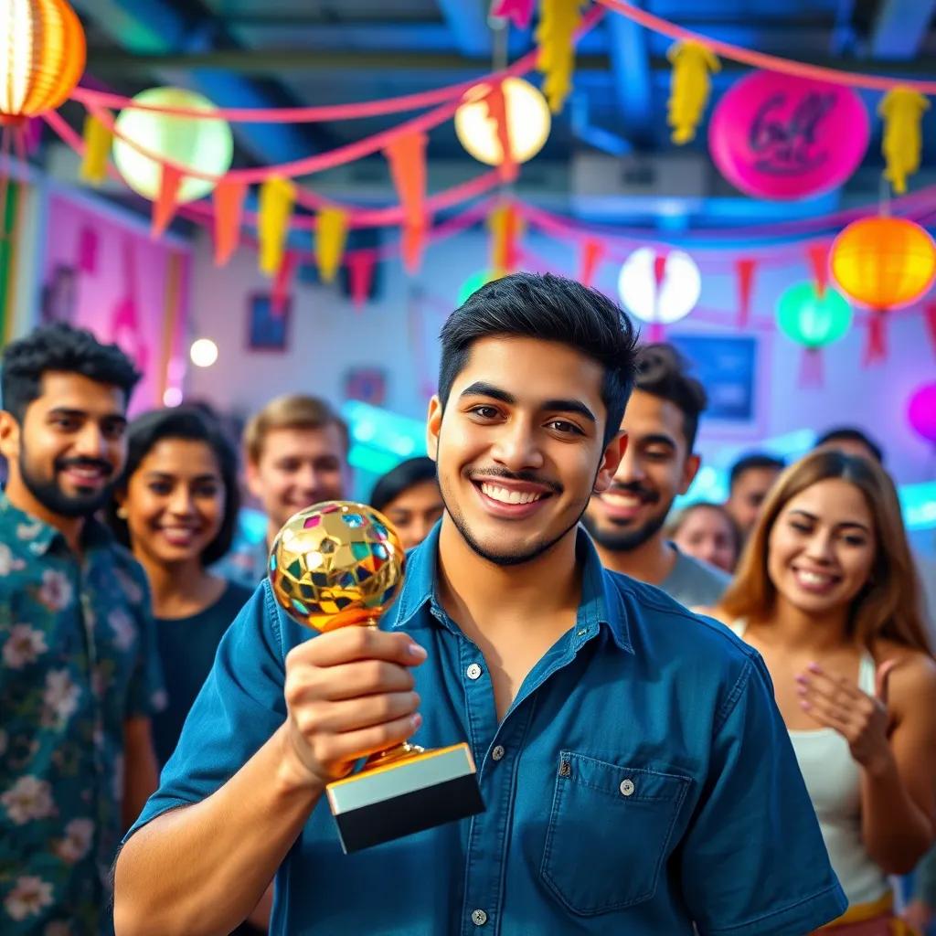 يوسف, a young Arab man with short black hair in a casual blue shirt, celebrating with friends in a vibrant community space, holding a trophy, smiles all around, colorful decorations, cheerful, high quality