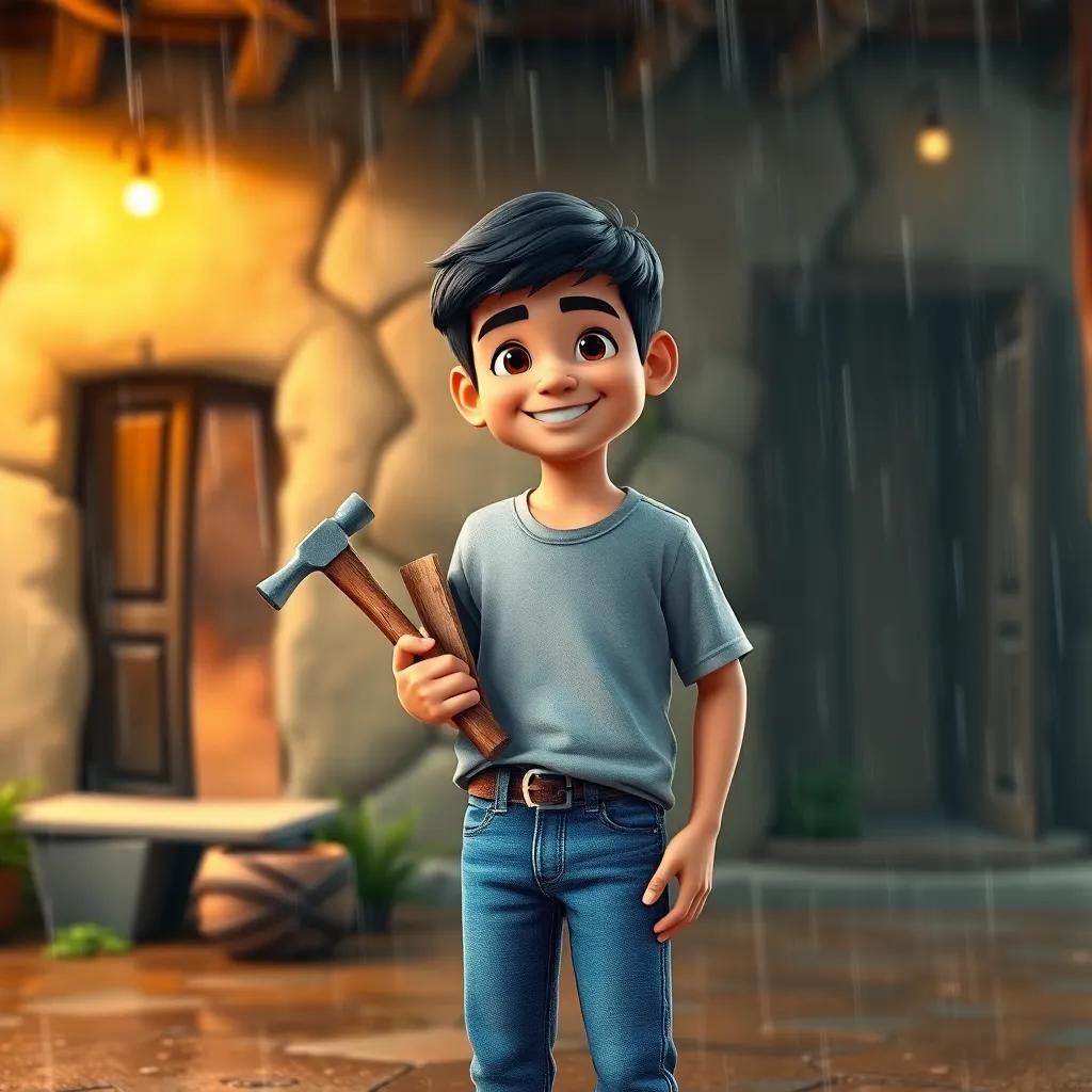A young Arab boy, Yusuf, with short black hair, wearing casual jeans and a t-shirt, smiling while holding a hammer and wooden planks, standing outside an old man's cottage in the rain, digital art, warm colors, light rain, uplifting atmosphere, high quality