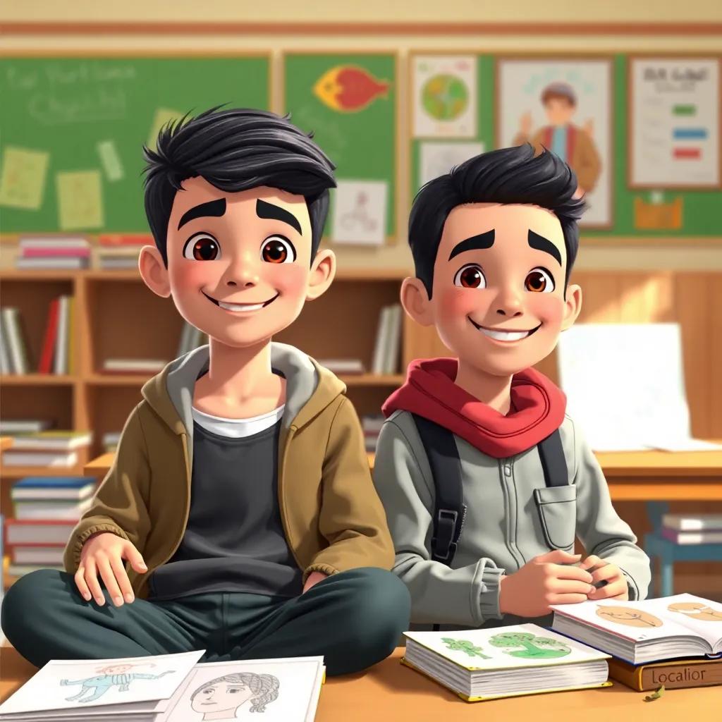 Yusuf, a young Arab boy with short black hair in casual clothes, sitting next to his classmate Sami, both smiling, surrounded by school books and colorful drawings, digital illustration, cheerful, warm classroom setting, child-friendly