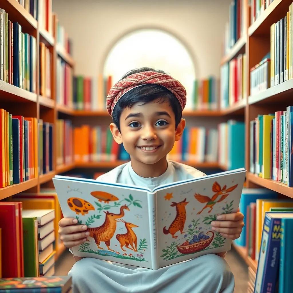 A cheerful young Arab boy, Yusuf, sitting in a small library, surrounded by colorful books, holding an open book with vivid animal illustrations, bright and cozy atmosphere, digital art, high quality