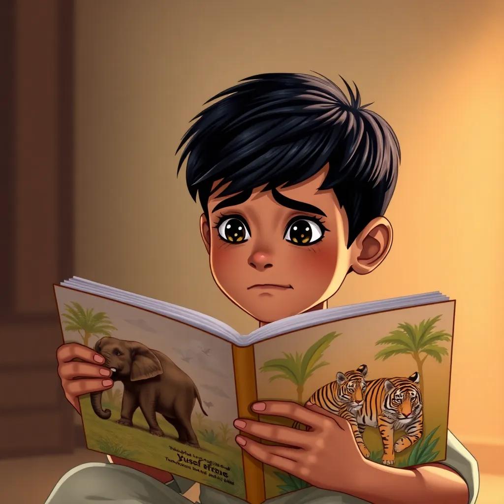 Yusuf, a cheerful Arab boy, with short black hair, looking worried, reading a book about endangered animals, with images of elephants and tigers, serious expression, soft lighting, engaging atmosphere, illustration