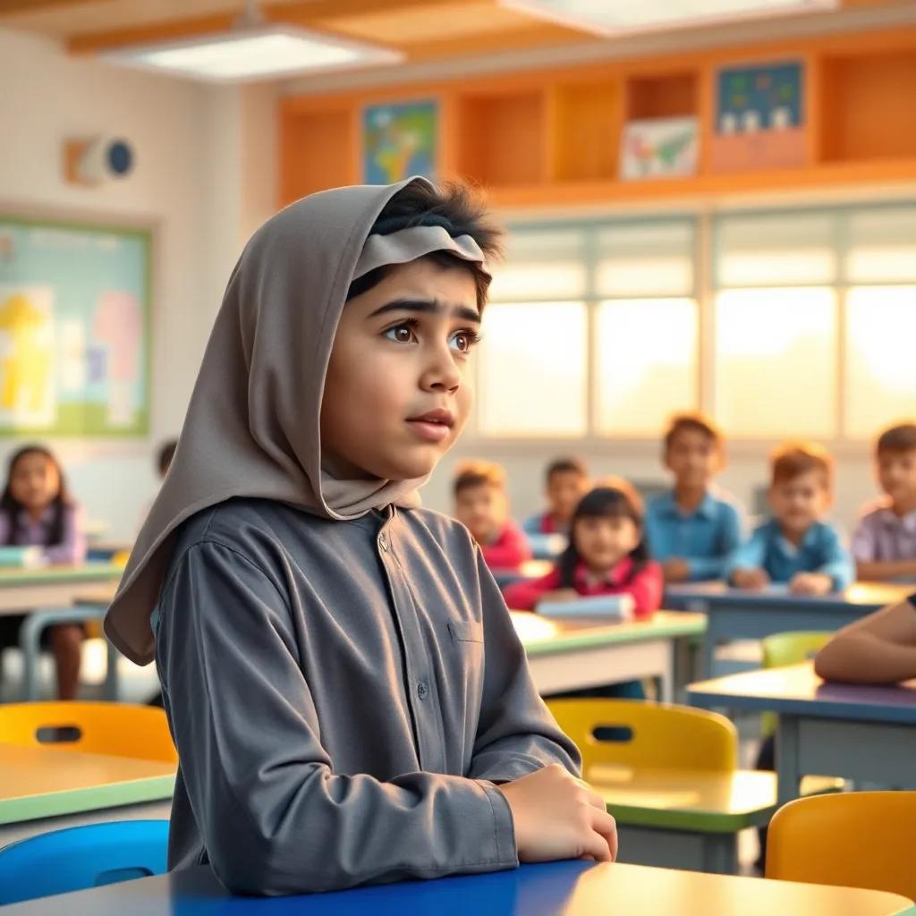 A concerned young Arab boy, Yusuf, speaking to his teacher in a bright classroom, vibrant desks and cheerful students around, looking hopeful, warm sunlight streaming through the window, child-friendly, colorful surroundings, digital art