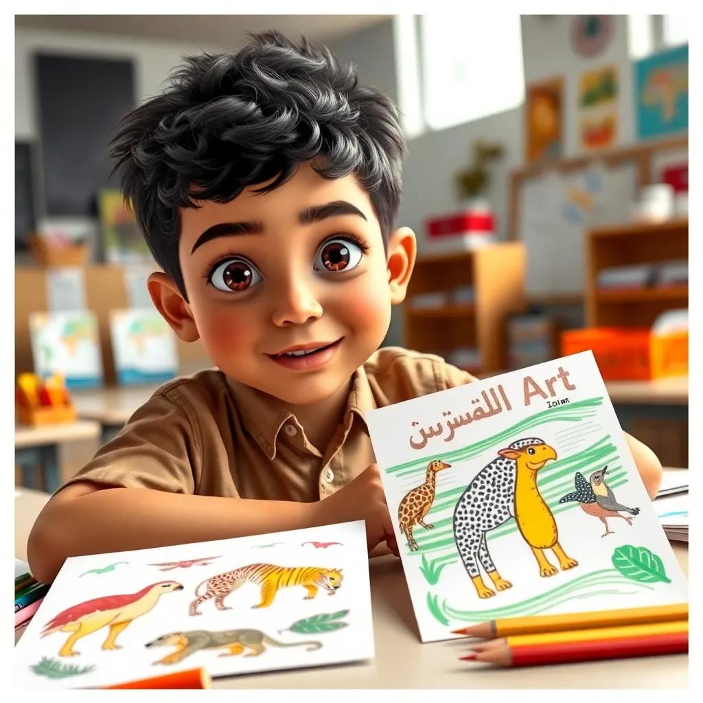 Yusuf, a determined young Arab boy, creating posters about endangered animals with colorful drawings, surrounded by art supplies in a bright classroom, enthusiastic expression, lively atmosphere, illustration