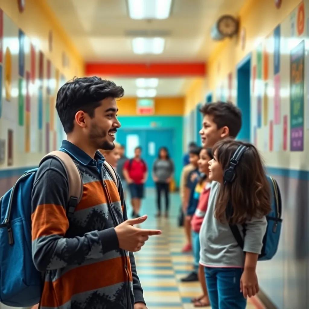 Yusuf, a bright young Arab boy, discussing his campaign with his excited friends in a colorful school hallway, friends nodding with interest, uplifting atmosphere, engaging and vibrant, digital art