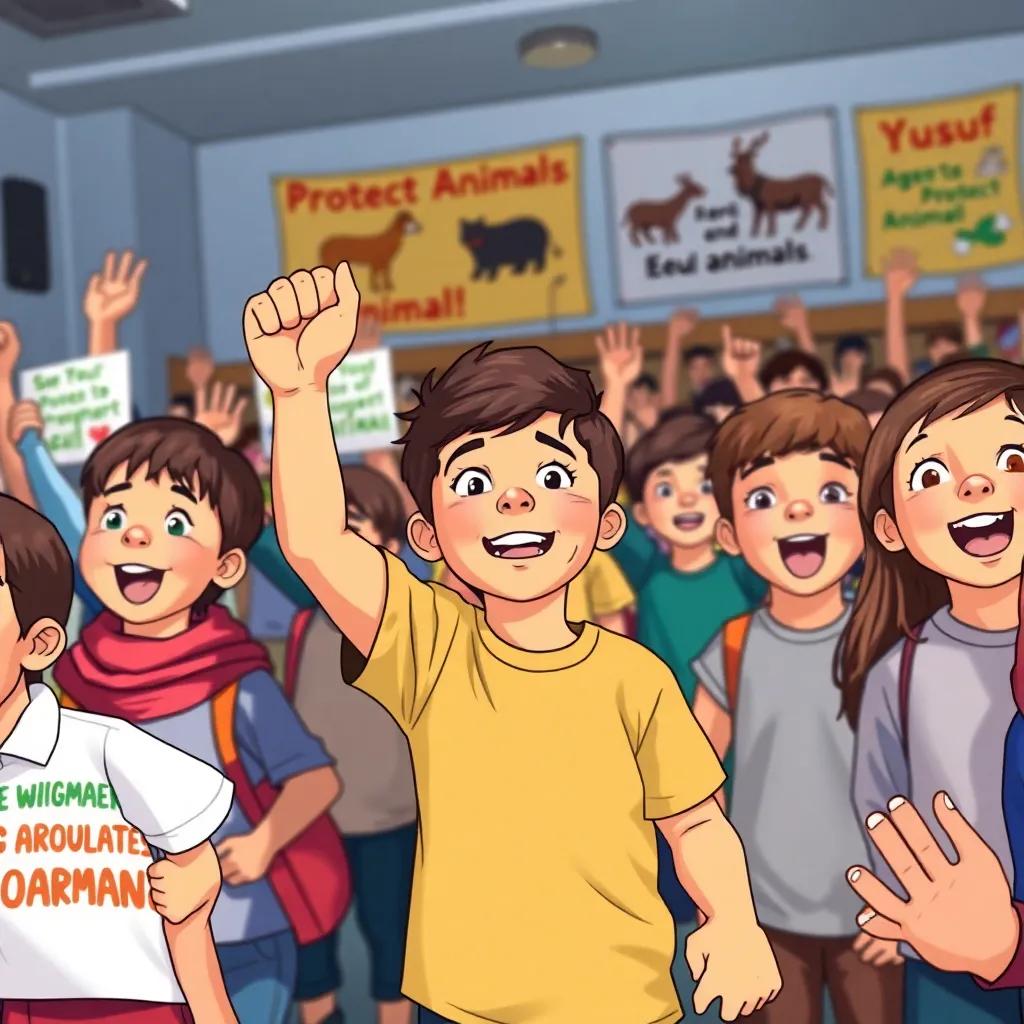 Excited students in a lively school assembly with banners about protecting animals, cheering and holding hands, seen through the eyes of Yusuf, bright colors, communal spirit, illustration