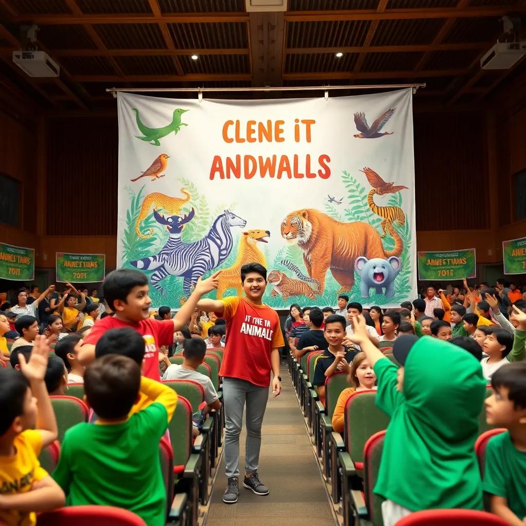 A large poster showing endangered animals with Yusuf and his friends pointing at it, school auditorium filled with kids and banners, energetic vibe, colorful, digital art