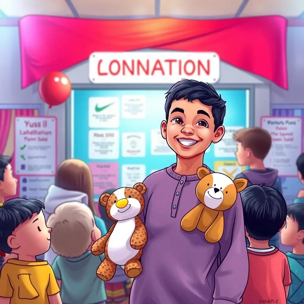 Yusuf, a happy Arab boy, standing in front of a donation booth at a school event, smiling with kids around him, holding animal plushies, vibrant atmosphere, high quality, illustration