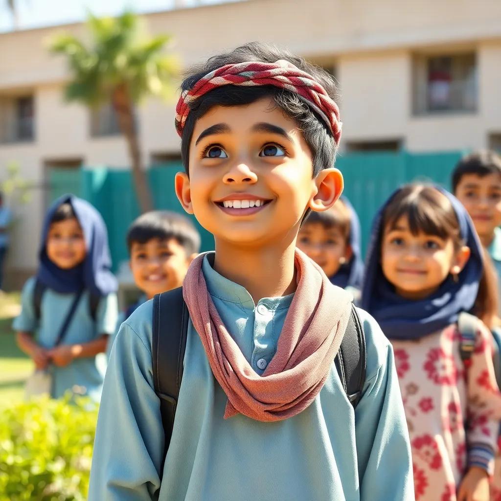 A proud young Arab boy, Yusuf, watching his classmates carry out their ideas for animal conservation, joyful expressions, bright day in the schoolyard, illustration