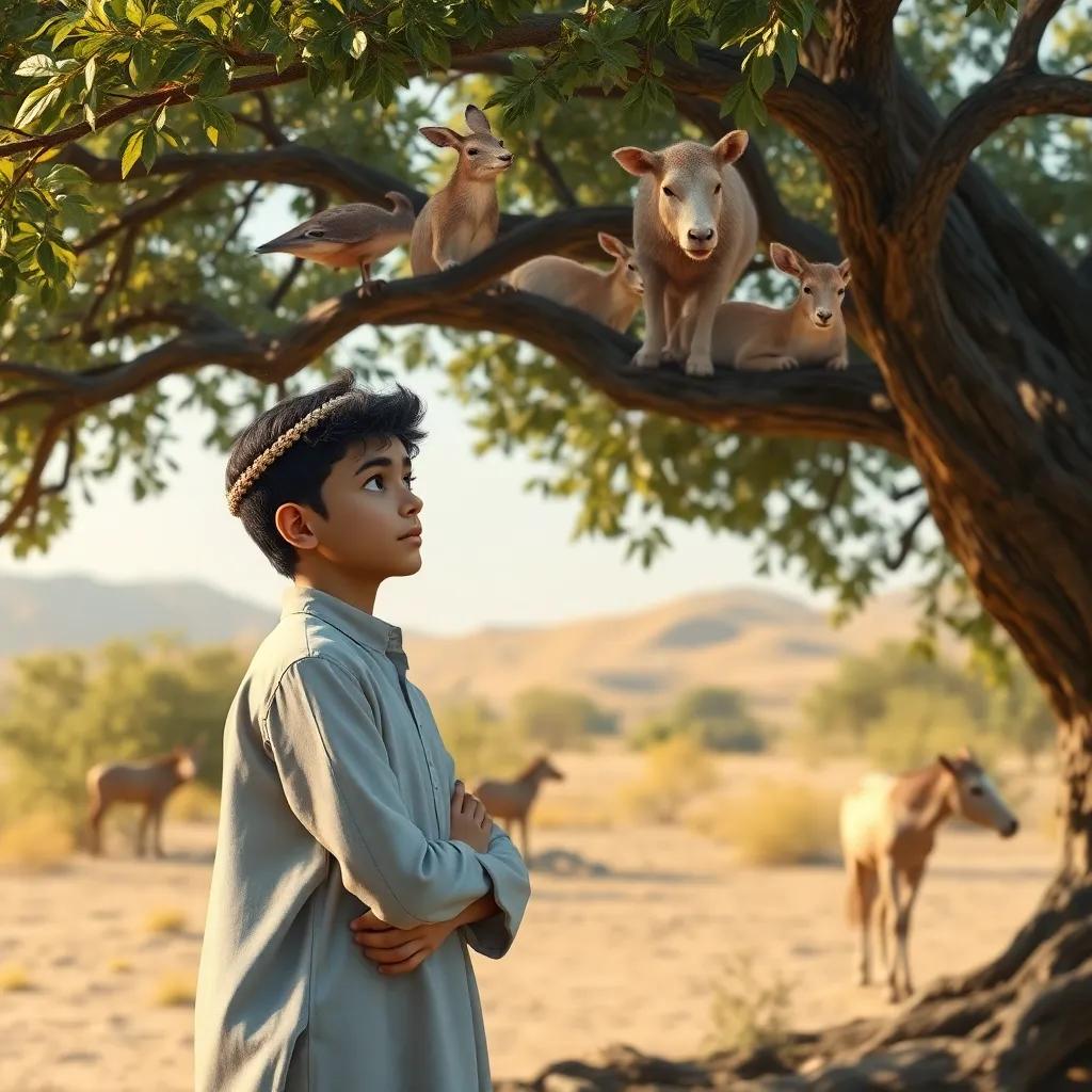 Yusuf, a thoughtful young Arab boy, reflecting on his achievements standing under a tree with animals in his mind, beautiful environment, calm and serene, digital art