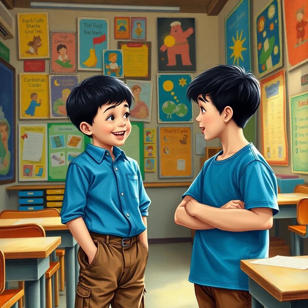 يوسف, a small boy with short black hair in a blue shirt and brown shorts, talking to his smiling teacher in a classroom filled with colorful posters, bright and inviting, educational atmosphere