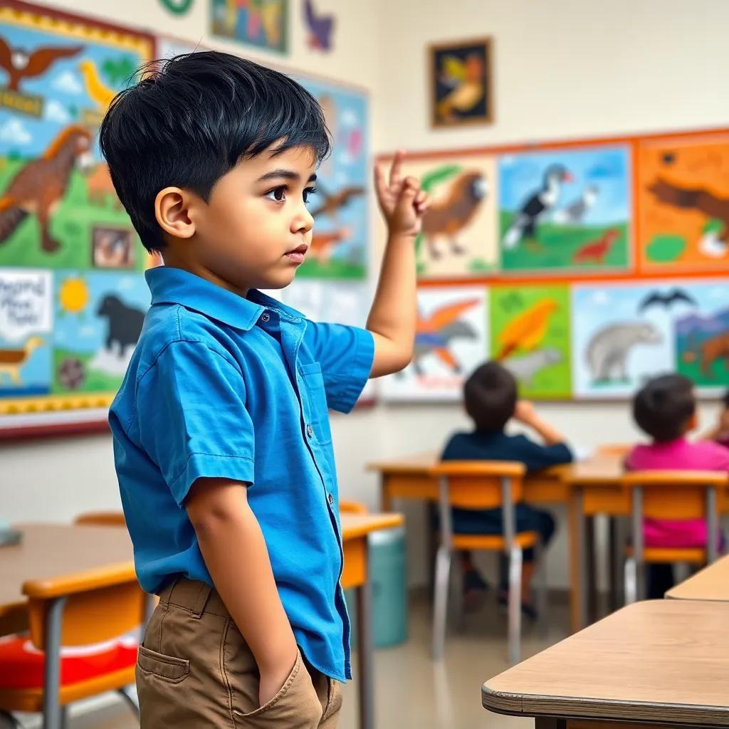 يوسف, a small boy with short black hair in a blue shirt and brown shorts, hanging colorful posters about endangered animals on the school walls, vibrant colors, engaged classroom environment