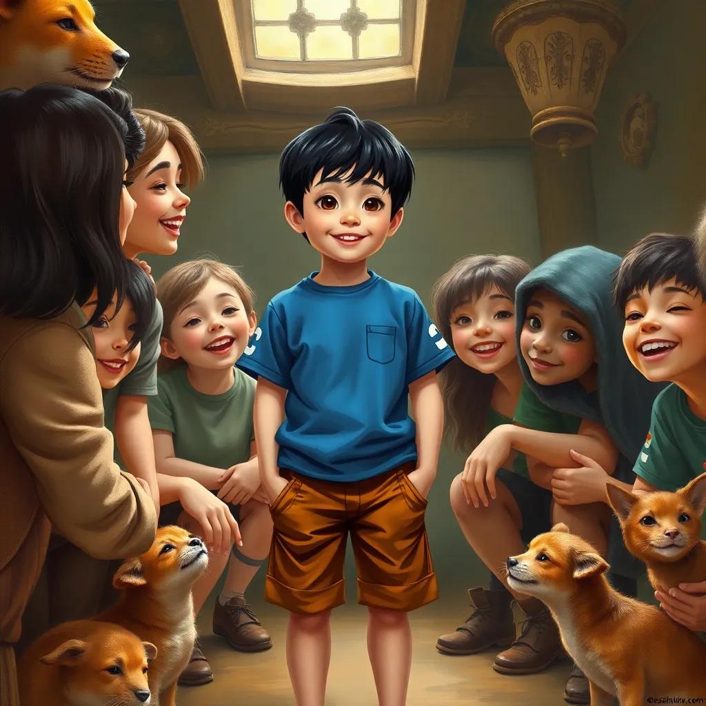 يوسف, a small boy with short black hair in a blue shirt and brown shorts, surrounded by smiling friends discussing how to help animals, lively and friendly atmosphere, inspiring